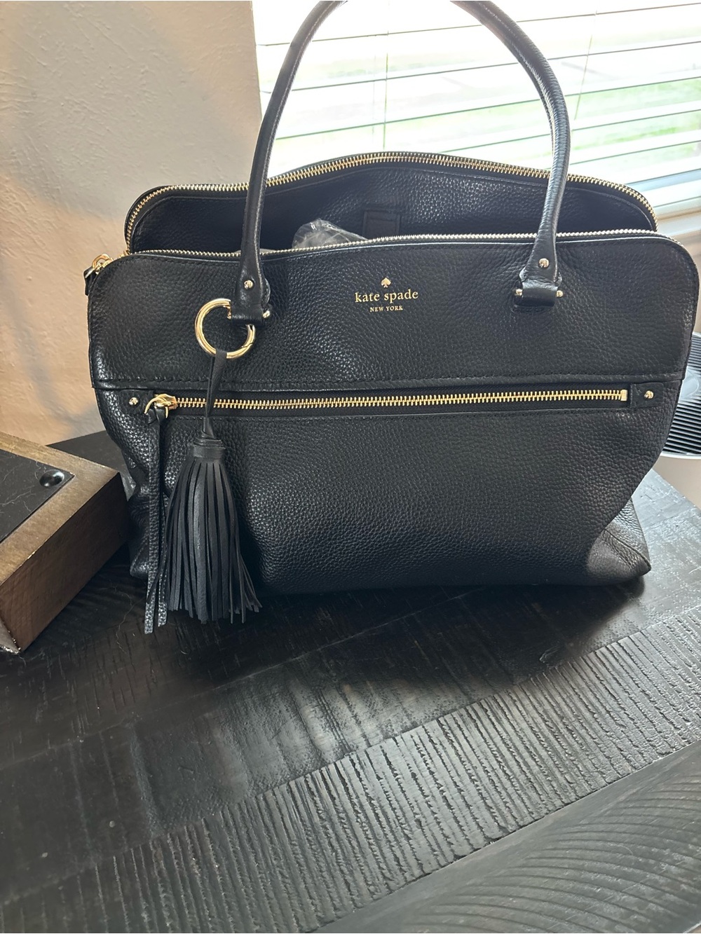 kate spade Black Pebbled Leather Tote with Tassel and Gold Hardware